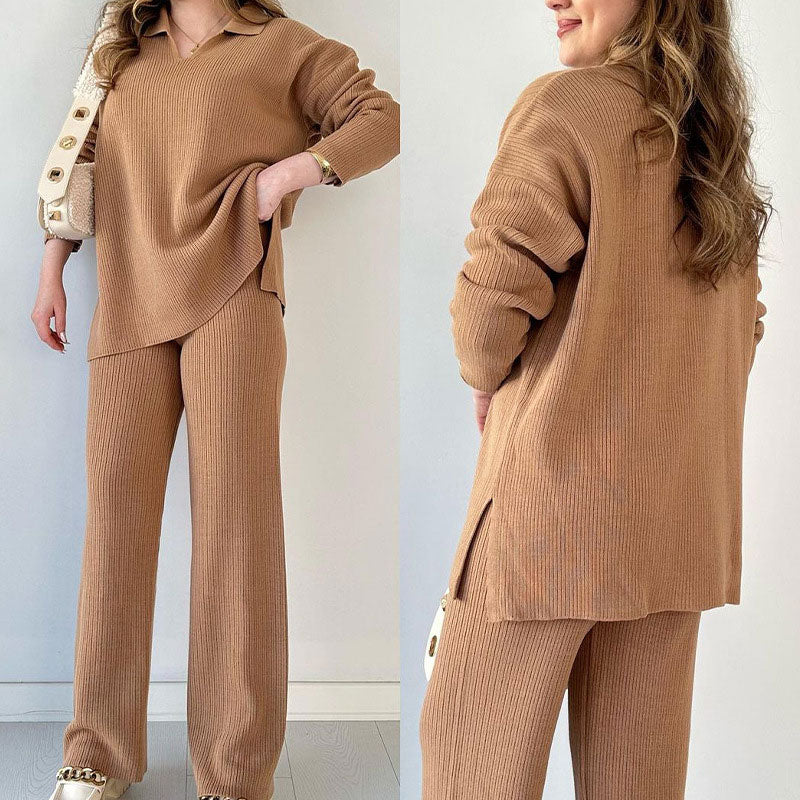 Ensemble Loungewear Maille Côtelée | Pull Col Polo Fendu | Pantalon Large Confort