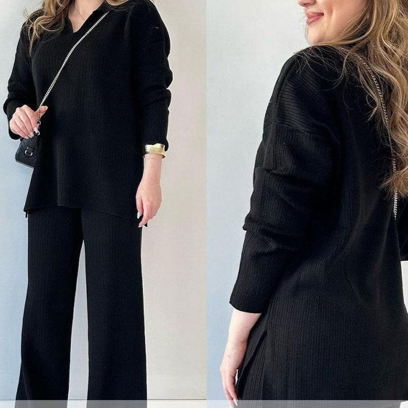 Ensemble Loungewear Maille Côtelée | Pull Col Polo Fendu | Pantalon Large Confort