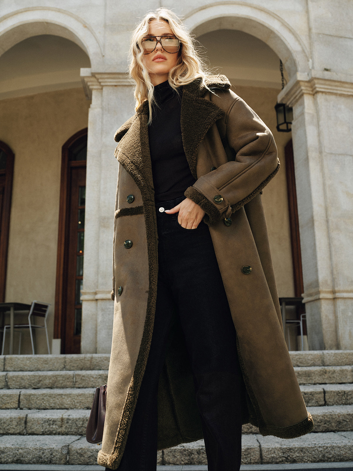 Long Manteau à Double Boutonnage en Fausse Peau Lainée | Chaleur Luxueuse & Style Rétro-Chic