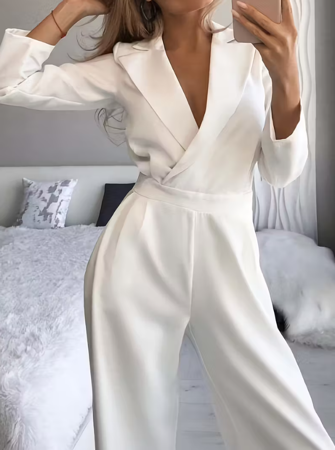 Combinaison Pantalon Longue | Col Tailleur Échancré | Manches Longues Cérémonie