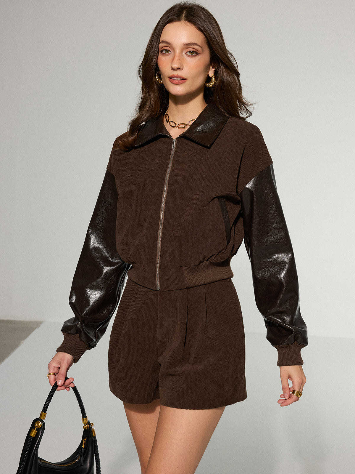 Veste Femme en Velours Côtelé & Manches Similicuir | Style Tendance & Look Audacieux