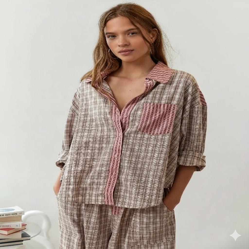 Ensemble Pyjama Loungewear | Chemise Rayée Coton | Pantalon Détails Carreaux Confort