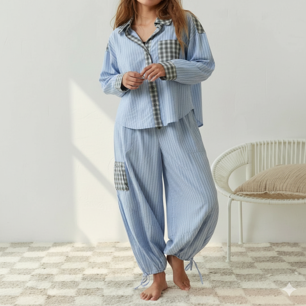 Ensemble Pyjama Loungewear | Chemise Rayée Coton | Pantalon Détails Carreaux Confort
