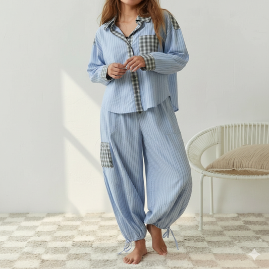 Ensemble Pyjama Loungewear | Chemise Rayée Coton | Pantalon Détails Carreaux Confort