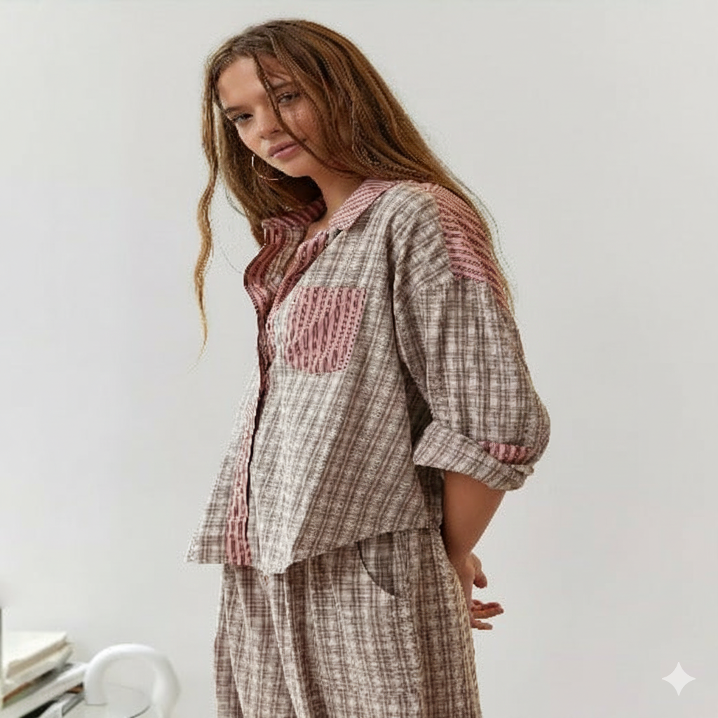 Ensemble Pyjama Loungewear | Chemise Rayée Coton | Pantalon Détails Carreaux Confort