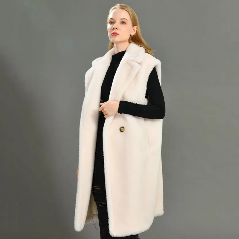 Long Gilet Manteau Sans Manches en Fausse Fourrure pour Femme | Élégance Douillette & Superposition Chic