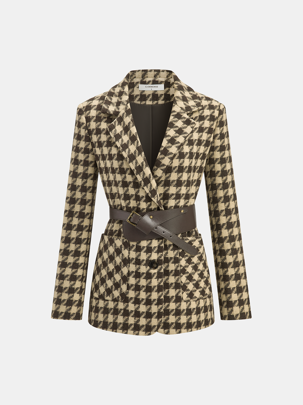 Blazer Femme à Motif Pied-de-Poule | Ceinture Élégante & Coupe Ajustée