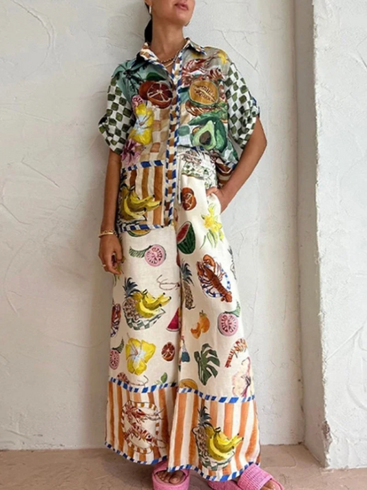Ensemble Femme Estival | Pantalon Large & Chemise | Imprimé Fruits et Couleurs
