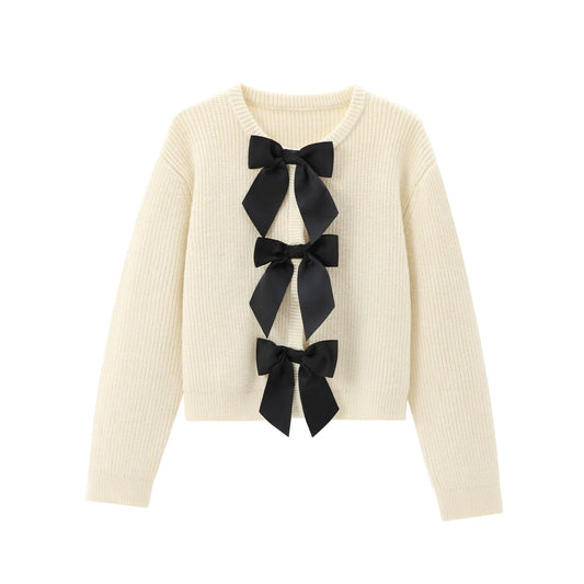 Pull Élégant | Détails Nœuds Satin | Maille Côtelée | Parfait pour un Look Féminin et Chic