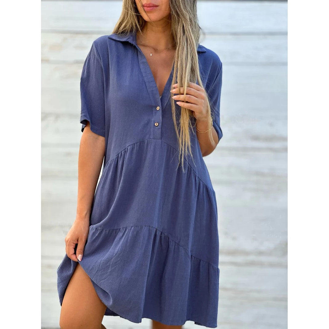 Robe Chemise Estivale Courte | Col V, Manches Courtes, Patte de Boutonnage | Tissu Fluide Aéré