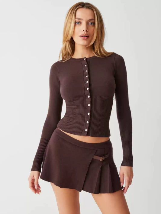 Ensemble Maille | Cardigan Ajusté & Jupe Plissée | Parfait pour automne