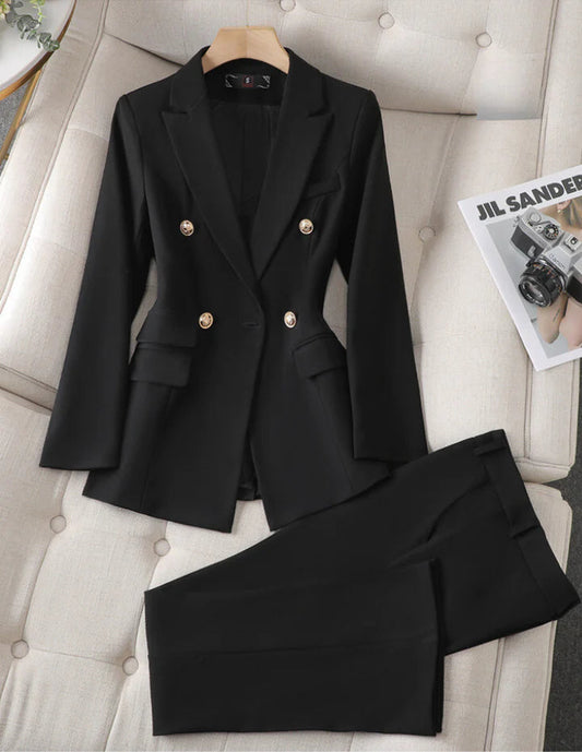 Ensemble Tailleur Noir 2 Pièces | Blazer Double Boutonnage Doré | Pantalon Droit Élégant