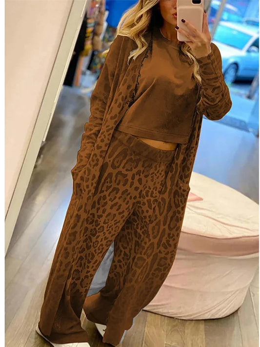 Ensemble Décontracté | Motif Léopard Ton sur Ton | Gilet Long + Pantalon Large + Top | Parfait pour Détente ou Sortie Décontractée