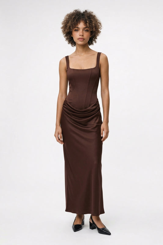 Robe Maxi Femme - Bustier Corseté Jupe Drapée avec Encolure Carrée | Chic