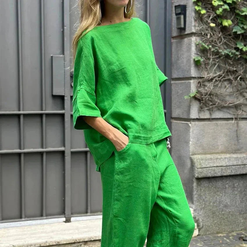 Ensemble Lin 2 Pièces | Haut Ample Col Bateau | Pantalon Capri Fluide Été