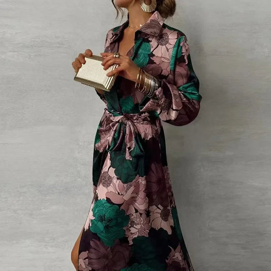 Robe Chemise Maxi Femme | Imprimé Floral, Ceinture, Col Classique | Style Sophistiqué
