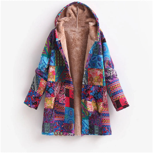 Manteau à Capuche Doublé Polaire à Imprimé Patchwork pour Femme | Chaleur Bohème & Style Hivernal