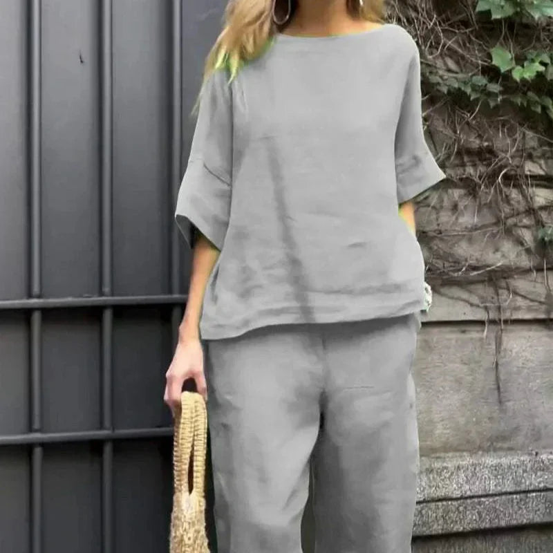Ensemble Lin 2 Pièces | Haut Ample Col Bateau | Pantalon Capri Fluide Été