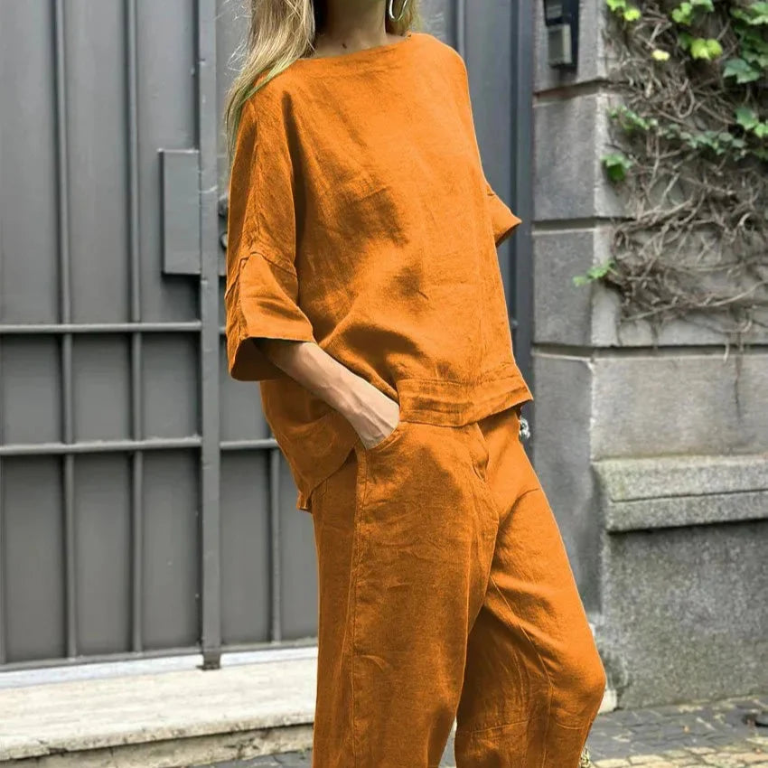 Ensemble Lin 2 Pièces | Haut Ample Col Bateau | Pantalon Capri Fluide Été
