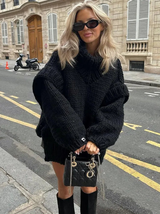 Pull Grosse Maille Oversize | Col Montant Chaud | Idéal pour Hiver et Looks Urbains Confortables