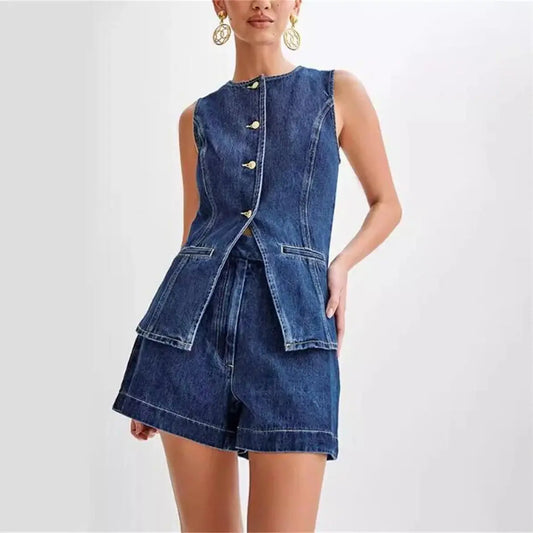 Ensemble Femme | Haut Cintré et Short en Denim | Idéal pour l’été et les looks urbains modernes
