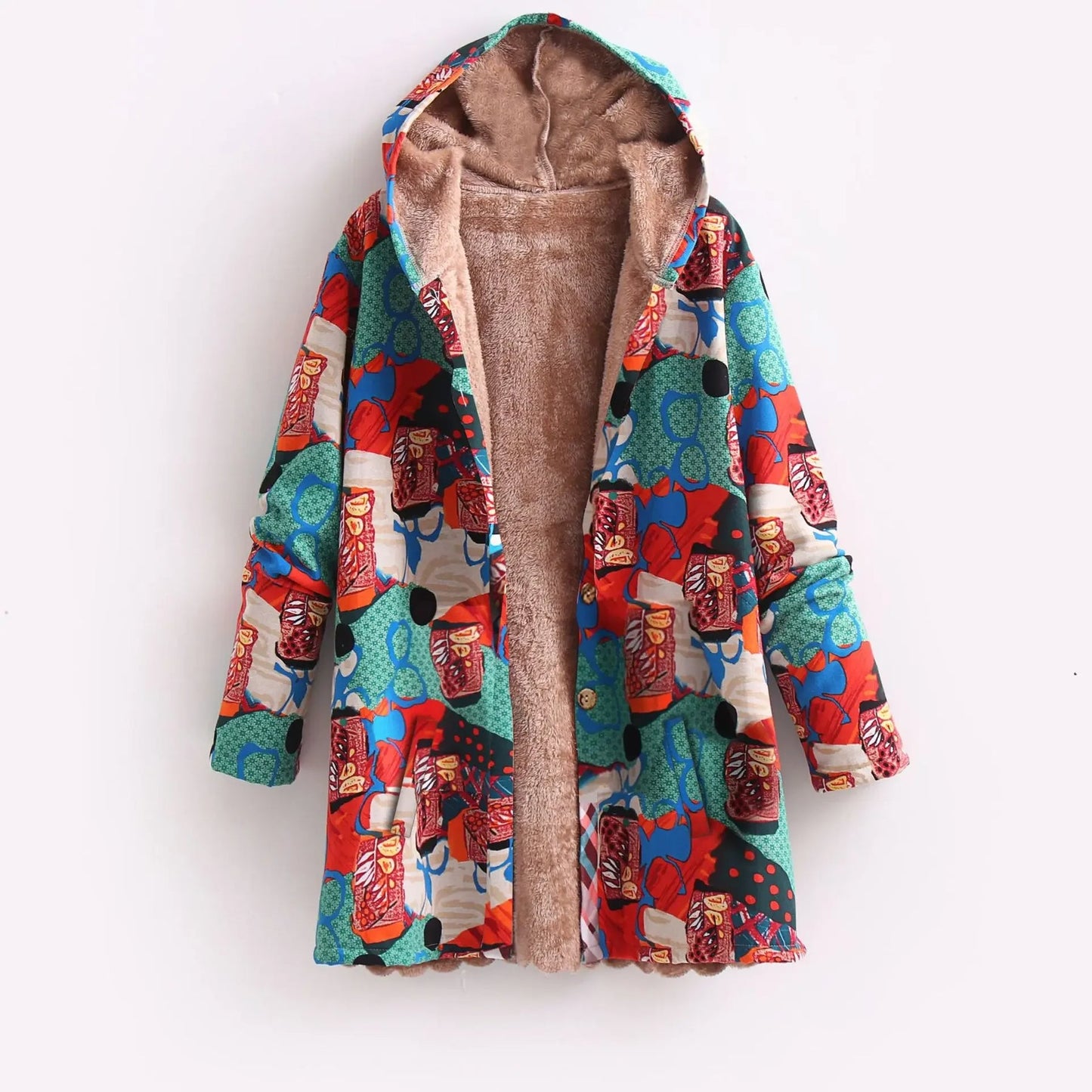 Manteau à Capuche Doublé Polaire à Imprimé Patchwork pour Femme | Chaleur Bohème & Style Hivernal
