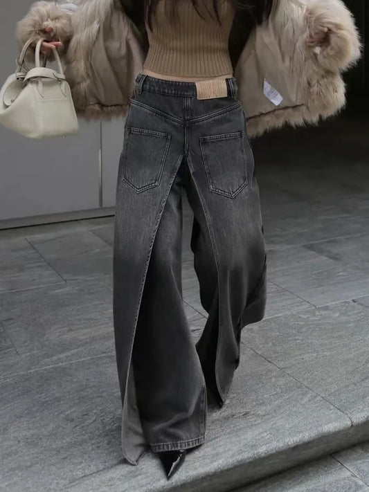 Jean à Fente Frontale | Denim Vintage | Jambe Large | Idéal pour streetwear contemporain