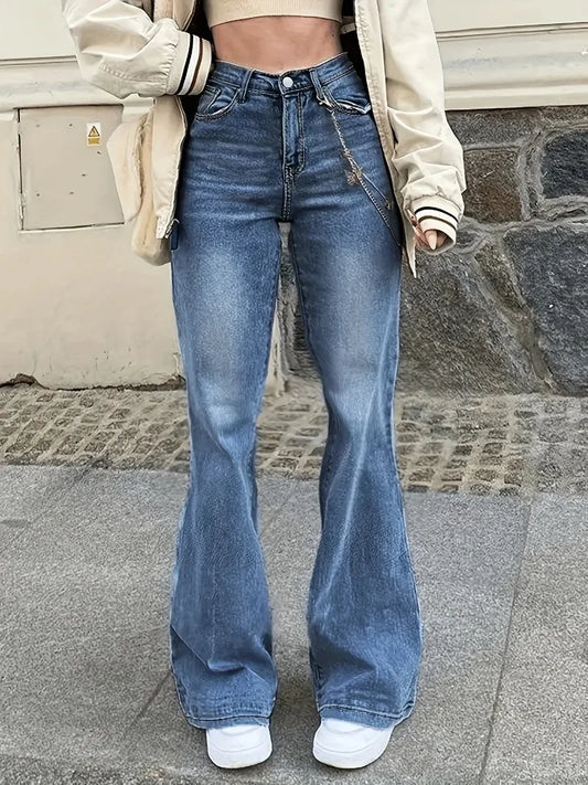 Jean Flare | Délavé Bleu Moyen | Chaîne Amovible | Parfait pour look rock-chic