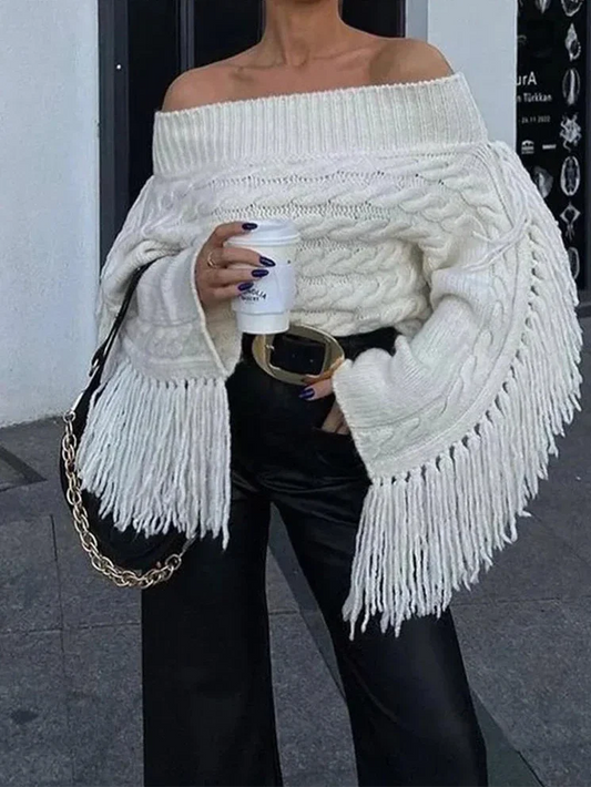 Pull Tendance | Épaules Dégagées | Maille Torsadée | Idéal pour les Soirées d’Hiver