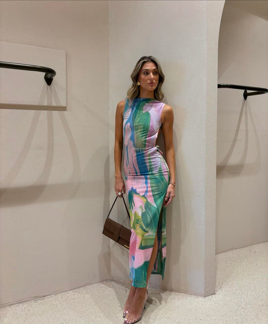 Robe Midi | Imprimé Artistique | Fente Latérale | Idéale pour soirées d’été