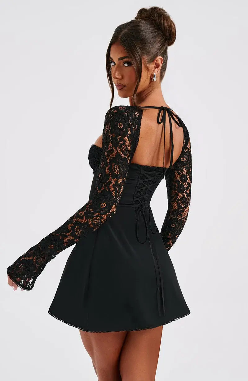 Robe Courte Élégante | Manches Longues en Dentelle | Parfaite pour Soirées Romantiques ou Occasions Spéciales