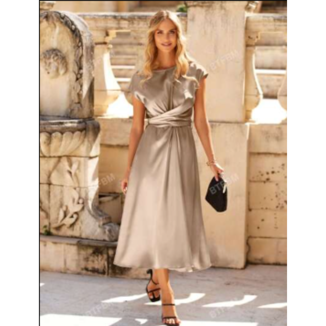 Robe de Cérémonie Midi Femme | Tissu Fluide Drapé, Manches Capuche | Élégance Satinée