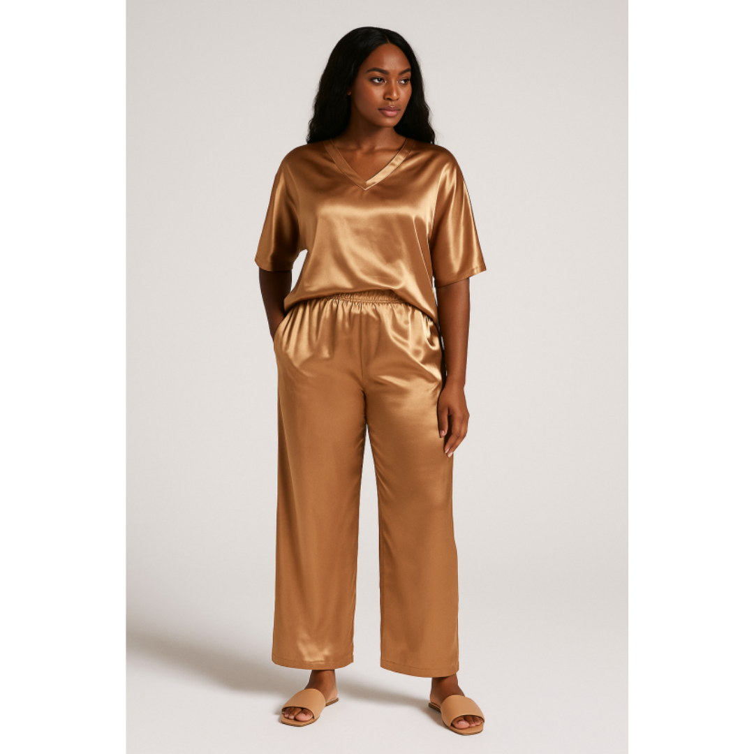 Ensemble 2 Pièces Satiné Fluide | Haut Ample Col V | Pantalon Large Élégant