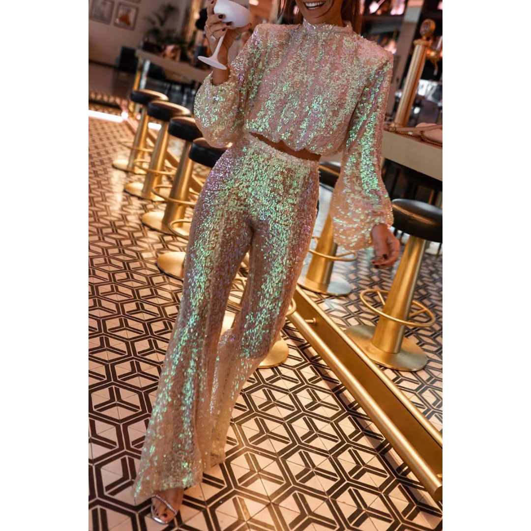 Ensemble 2 Pièces Paillettes | Haut Crop Col Montant | Pantalon Soirée Scintillant Holographique