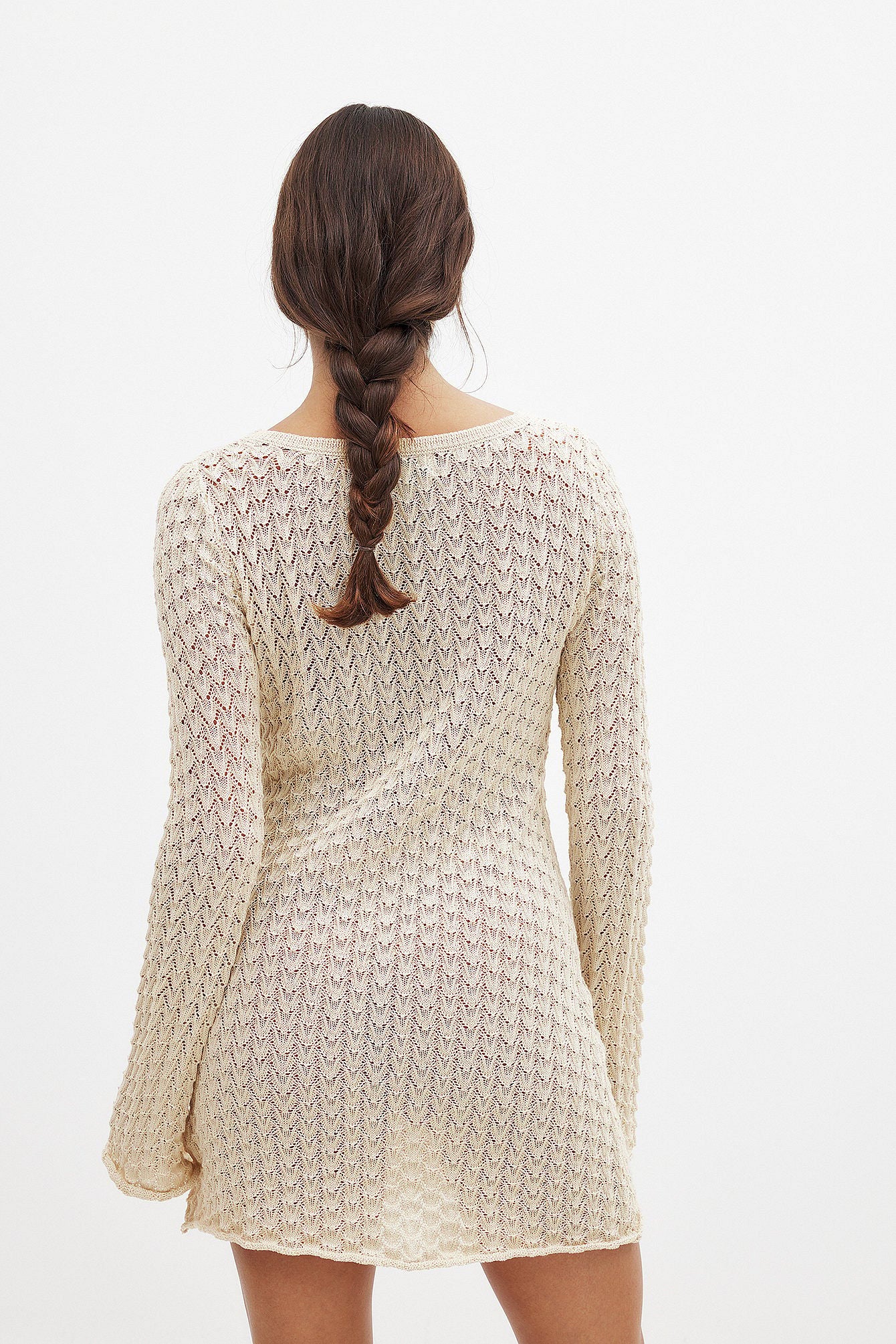 Robe Courte Femme Crochet | Manches Longues Évasées, Col Bateau | Style Bohème Chic