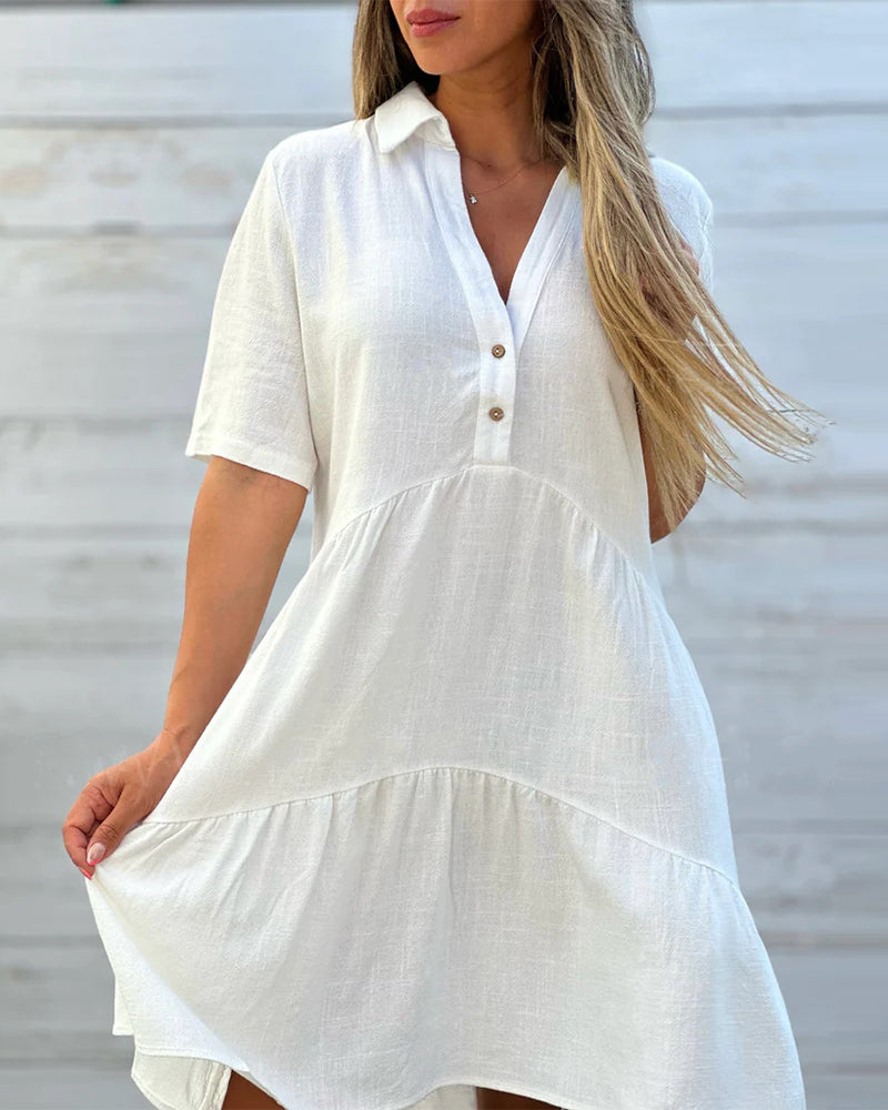 Robe Chemise Estivale Courte | Col V, Manches Courtes, Patte de Boutonnage | Tissu Fluide Aéré
