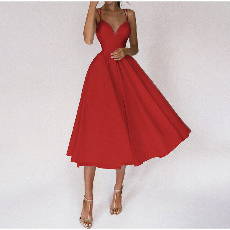 Robe de Soirée Midi Femme | Rouge, Bretelles Fines, Décolleté V | Élégance Festivée