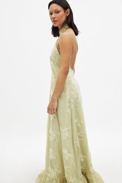 Robe Maxi Femme - Col Halter Brodée Évasée | Élégante