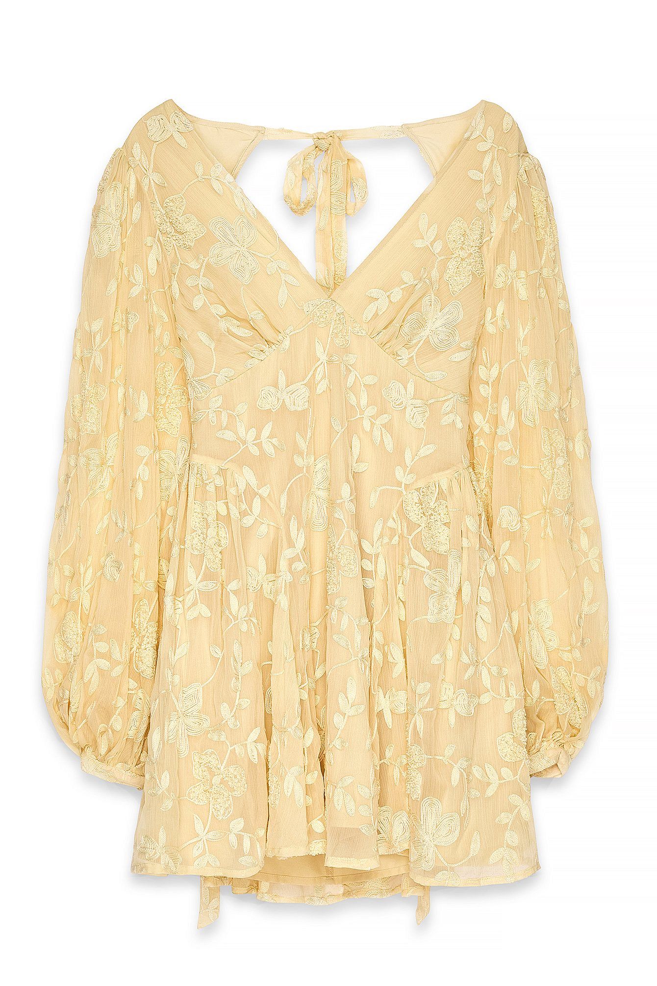 Robe Courte Femme Fluide Brodée | Manches Ballon, Décolleté V | Dos Ouvert Élégant