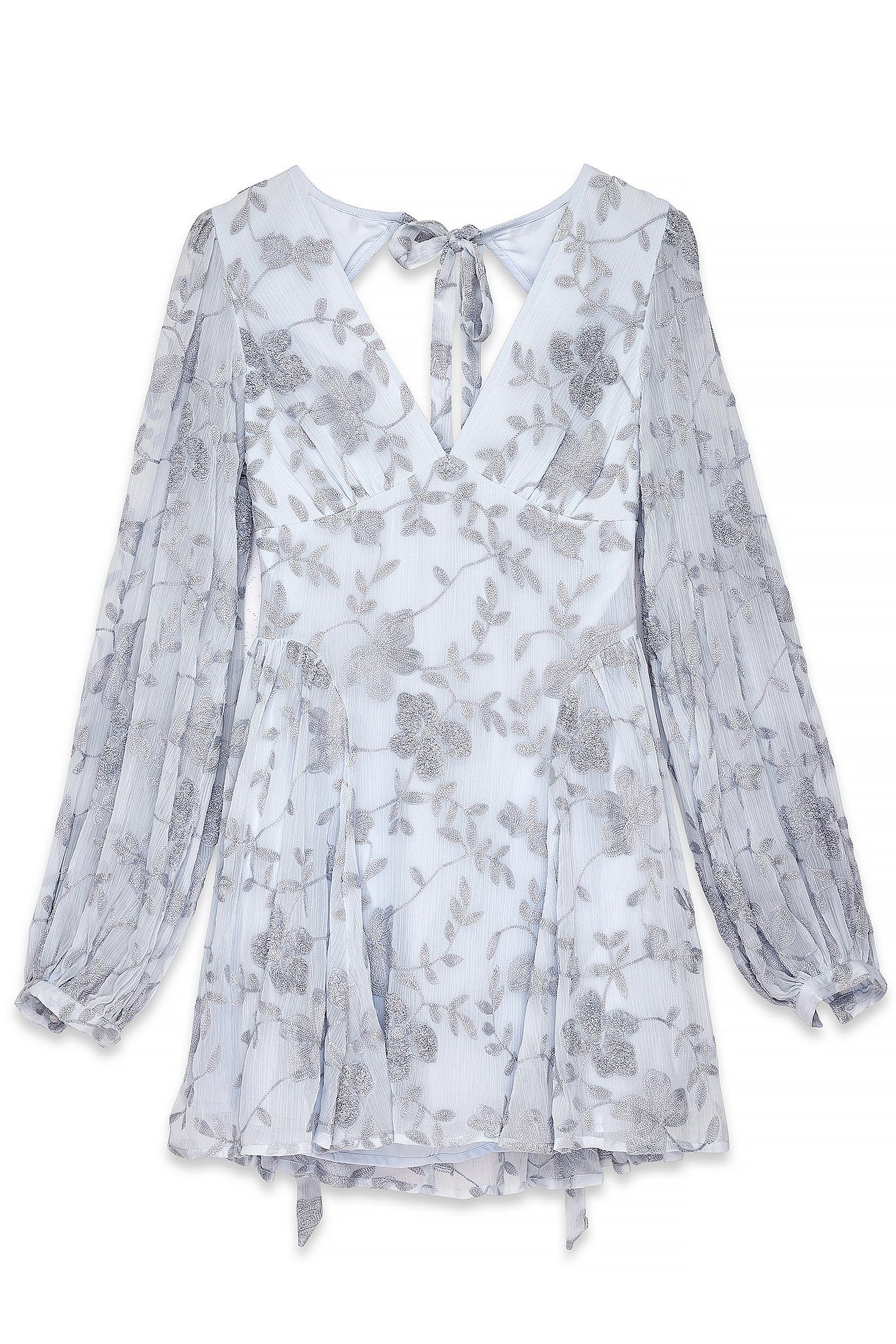 Robe Courte Femme Fluide Brodée | Manches Ballon, Décolleté V | Dos Ouvert Élégant