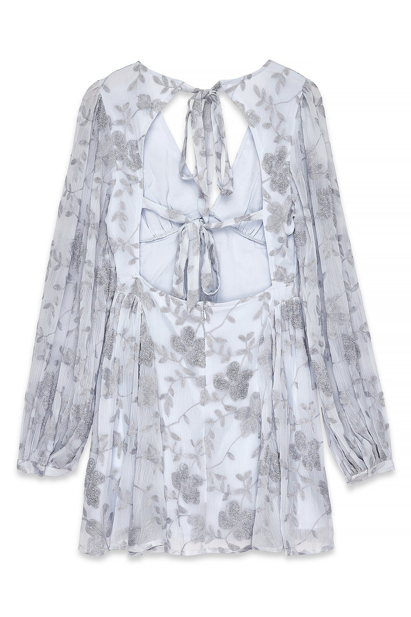 Robe Courte Femme Fluide Brodée | Manches Ballon, Décolleté V | Dos Ouvert Élégant