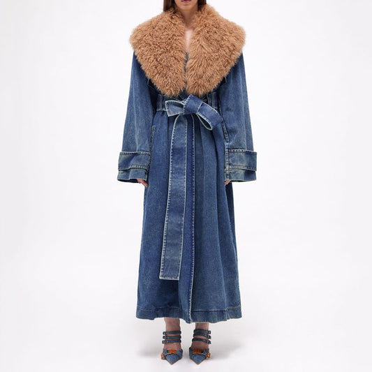 Manteau Long | Jean Vintage | Col Effet Fourrure | Idéal pour l’Hiver et les Looks Tendance