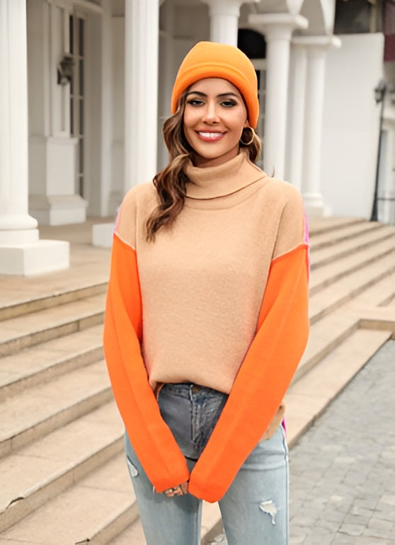 Pull Col Roulé à Manches Color Block pour Femme | Style Chic Décontracté et Tendance