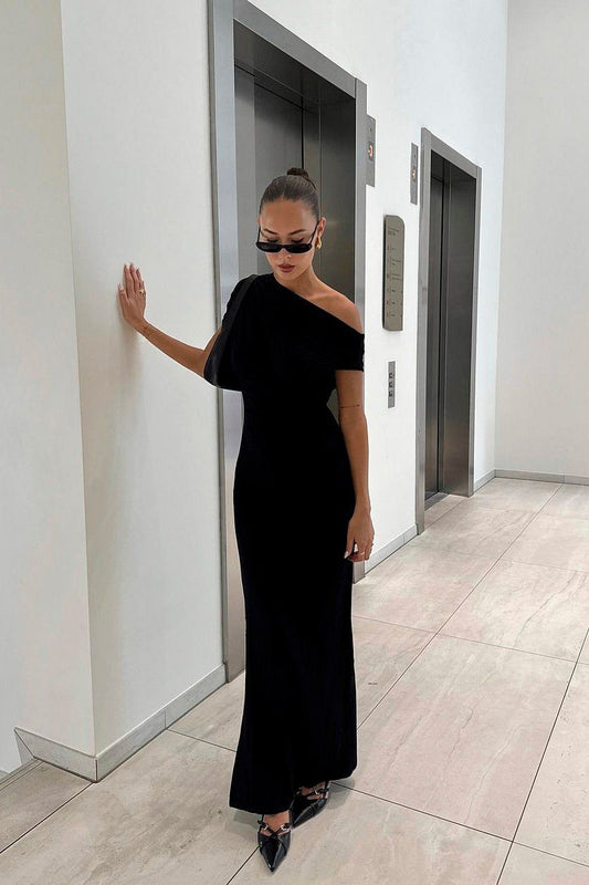 Robe Longue Soirée Asymétrique | Épaule Dénudée Drape | Cintrée Fendue Élégante