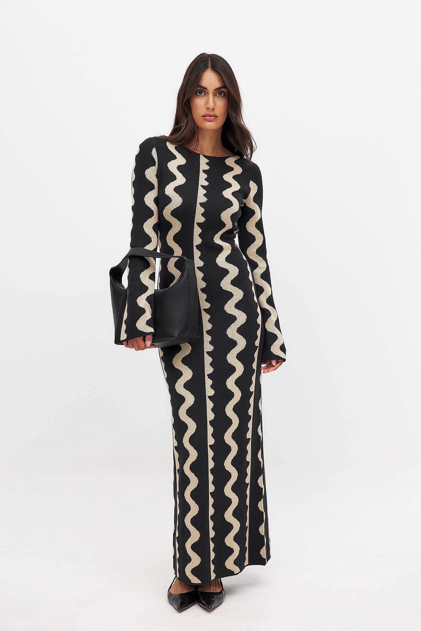 Robe Longue Maille Tendance | Manches Longues Évasées | Imprimé Géométrique Vague