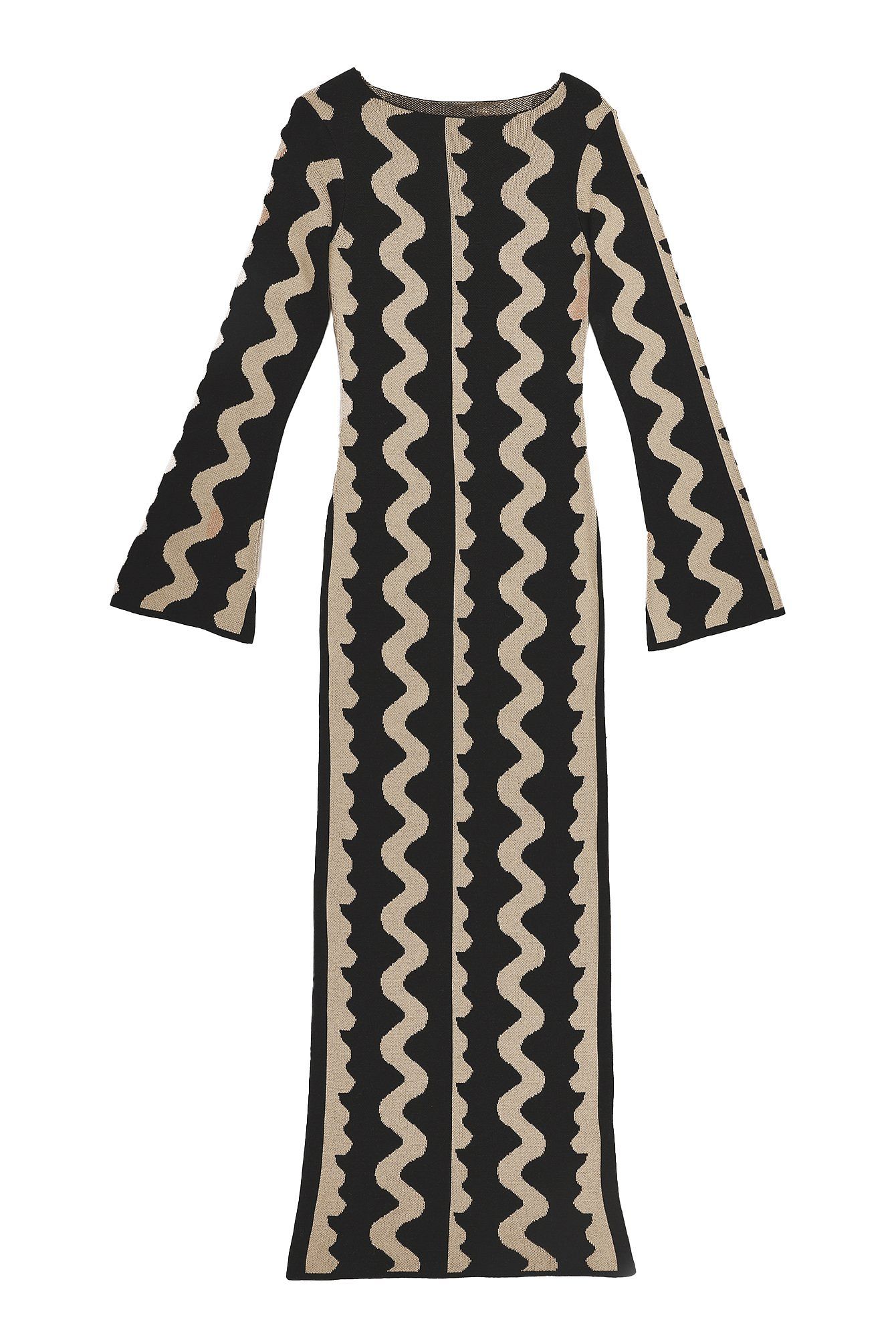 Robe Longue Maille Tendance | Manches Longues Évasées | Imprimé Géométrique Vague