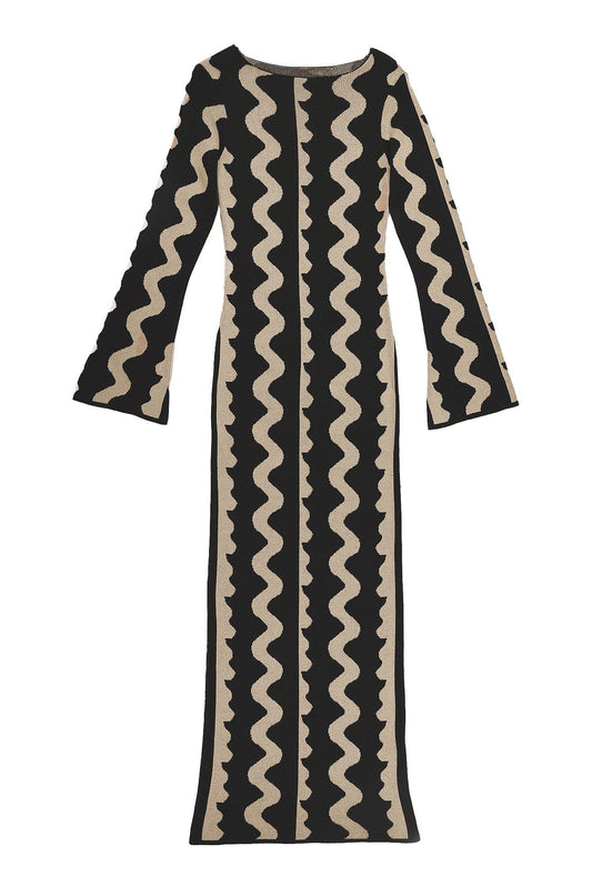Robe Longue Maille Tendance | Manches Longues Évasées | Imprimé Géométrique Vague