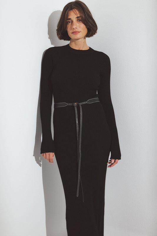 Robe Maxi Maille Côtelée | Manches Longues Moulante | Col Rond Hiver Chic