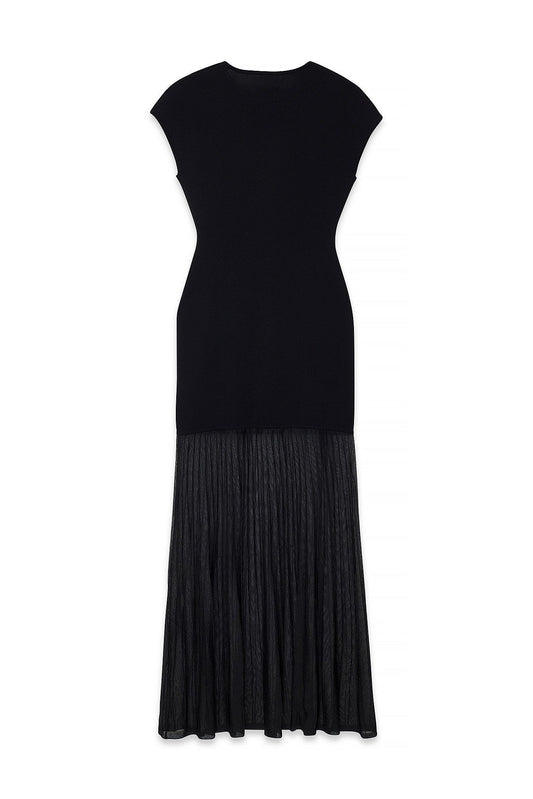 Robe Longue Maille Ajustée | Manches Courtes Col Rond | Ourlet Tulle Plissé Transparent