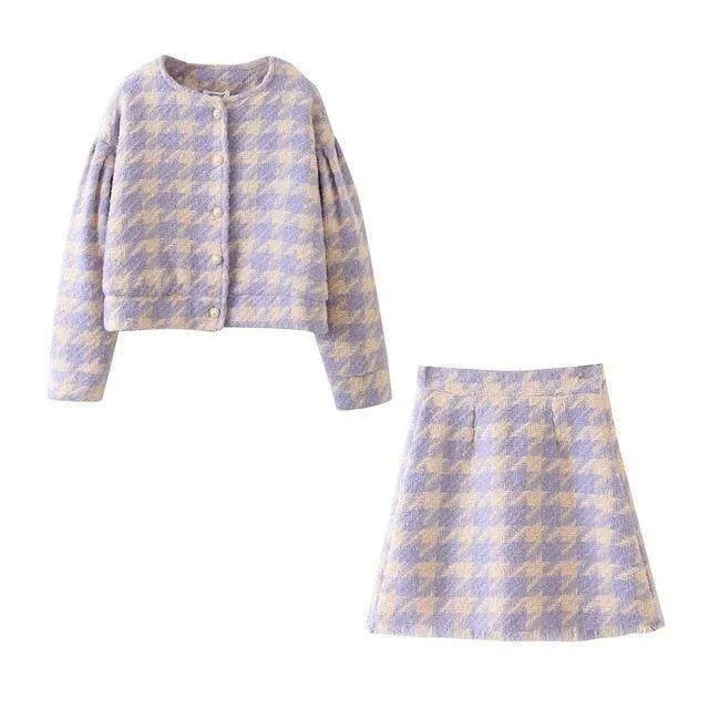 Tailleur Jupe et Veste | Motif Pied-de-Poule | Parfait pour Sorties Tendance ou Journées Décontractées